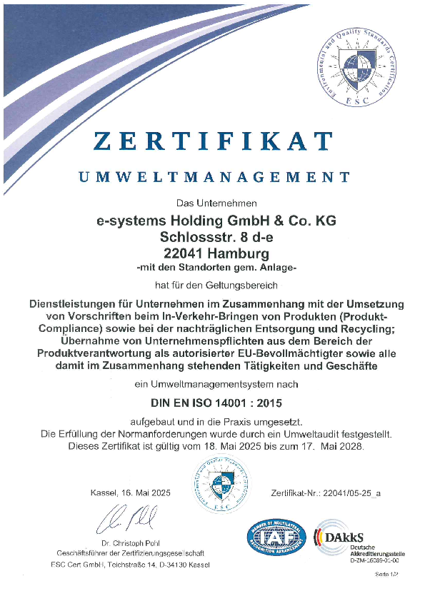 e-systems GmbH Umweltmanagement Zertifikat DIN EN ISO 14001:2015